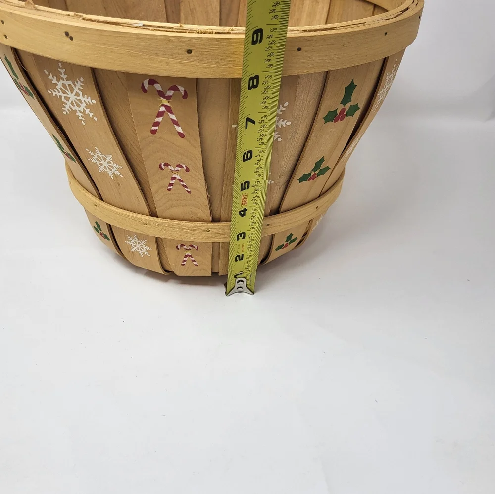 Christmas Holly Snowflake Candy Cane‎ Wooden Round Bucket Basket Bushel